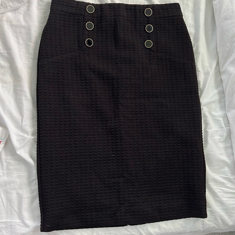Ann Taylor textured black pencil skirt with gold and black button detail